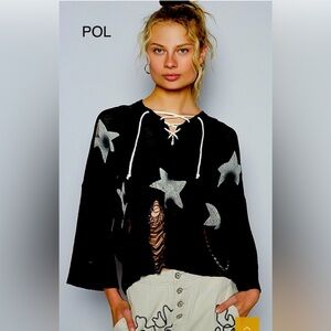 NEW POL Black Star Patterned Thin Sweater Distressing Lace Up Front Size Small
